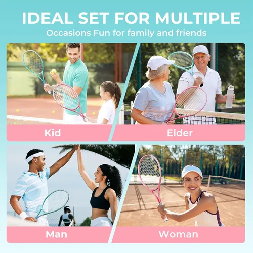 Miniatura 9 de HIRALIY Juego de raquetas de tenis de 27 pulgadas para adultos, raquetas de tenis preencordadas para 2 jugadores, 2 cintas de sobreagarre, 3 pelotas