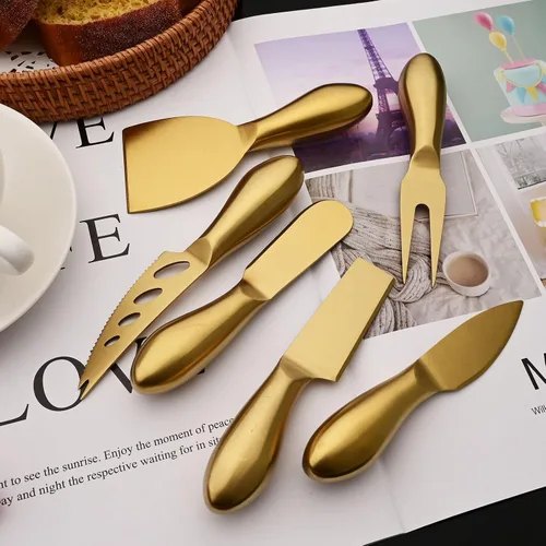 Miniatura 6 de JASHII Juego de 6 cuchillos esparcidores de mantequilla de queso dorado, juego de espátula de mermelada de una sola pieza, juego de cuchillos