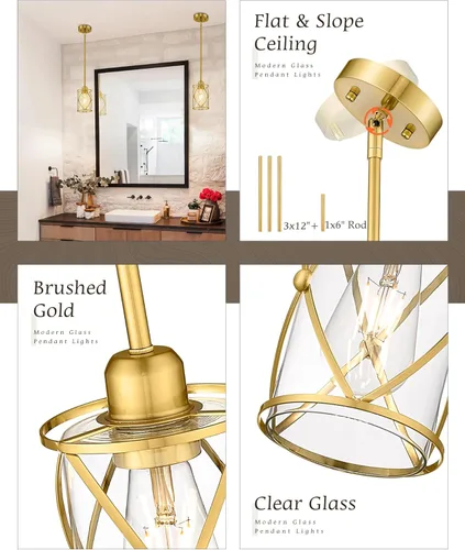 Miniatura 2 de Luces Colgantes de Oro Cepillado para Isla de Cocina Paquete de 3, Iluminación Colgante de Cristal para Cocina sobre Isla con Varilla, Moderna Mini