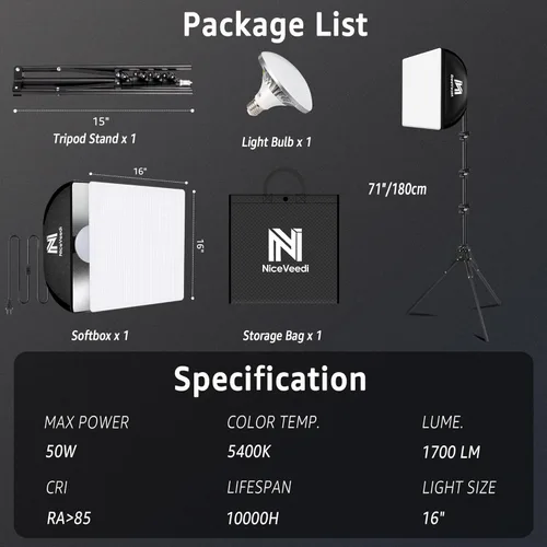 Miniatura 7 de NiceVeedi - Kit de iluminación Softbox de 16 x 16 pulgadas, kit de iluminación para fotografía con soporte de trípode de 63 pulgadas y bombilla LED
