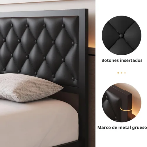 Miniatura 4 de Base de cama Fluest tamaño Queen con cabecero, base de cama tapizada en cuero PU, plataforma con soporte de listones metálicos, base de cama
