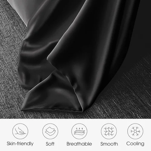 Miniatura 4 de Fundas de almohada de seda 100% 2 unidades, tamaño estándar, seda de morera para cabello y piel, juego de 2, seda de grado superior 6A, suave, Negro