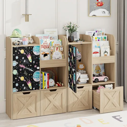 Miniatura 4 de Organizador de almacenamiento de juguetes para niños con rincón de lectura, estantería de madera para niños con pizarra y 2 cajones móviles, Roble