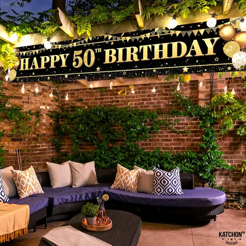 Miniatura 3 de KatchOn, Cartel de feliz cumpleaños 50 extra grande – 120 x 20 pulgadas Decoraciones de cumpleaños 50 para mujeres y hombres Cartel de feliz