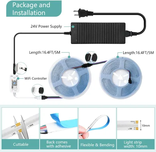 Miniatura 6 de Tira de Luz LED RGB COB 32.FT/10M (2 Rollos de 16.4FT/5M), Tira LED COB Ancho 10mm/5760 LEDs, Tira de Luz LED Cambiante de Color 24V con Control