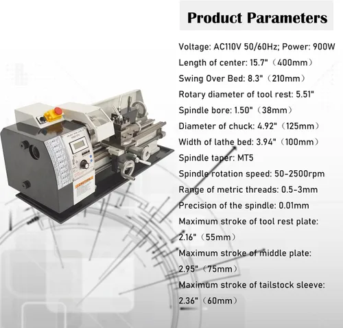 Miniatura 5 de Torno de metal de sobremesa de 8 "* 16", torno de metal de precisión de hilos métricos, mini torno 900W motor sin escobillas, velocidad variable