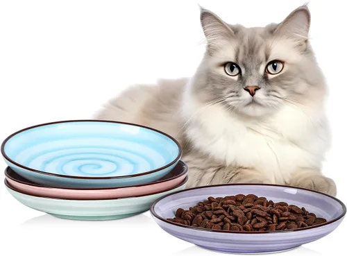 Miniatura 14 de Selamica Cuencos de cerámica para gatos, 6 pulgadas de ancho poco profundos para aliviar la fatiga de los bigotes, juego de 4, colores surtidos