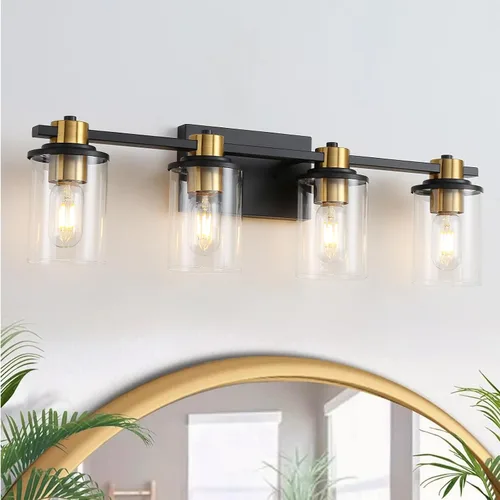 Miniatura 11 de LOUSACE Lámpara de baño negra y dorada, 3 luces de tocador de baño, moderna luz de baño sobre espejo con pantallas de vidrio transparente, enchufe