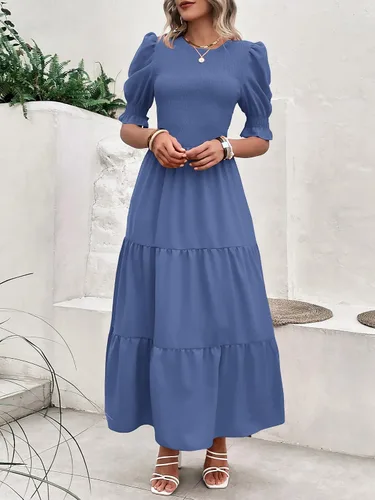 Miniatura 102 de BTFBM Vestidos para mujer, cuello redondo, casual, de verano, con volantes, manga corta, bohemio, con niveles, fruncido, largo, con estampado floral