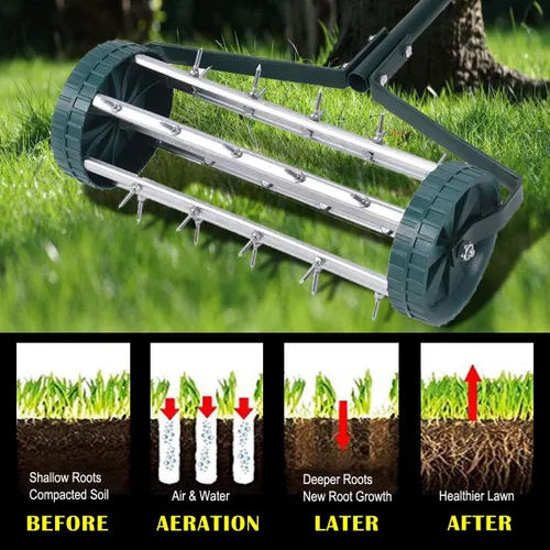 Miniatura 3 de Goplus Aireador de césped rodante de 18 pulgadas, aireador de suelo giratorio para patio de jardín, herramienta de aireación de césped resistente