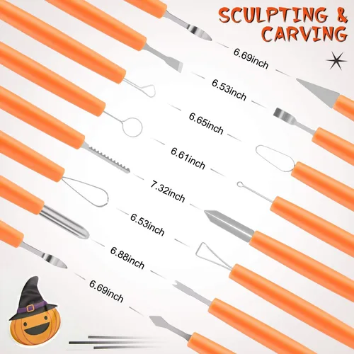 Miniatura 5 de CHRYZTAL Kit de tallado de calabaza para Halloween, 13 piezas, juego profesional de tallado resistente, acero inoxidable de doble cara, kit