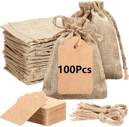 Kenning 100 bolsas de arpillera con etiquetas de regalo y cuerda de 3.5 x 5 pulgadas, pequeñas bolsas de arpillera con cordón, bolsas de lino