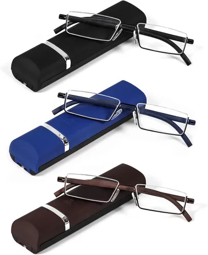 Miniatura 8 de REAVEE Elegantes lentes de lectura de medio marco para mujeres y damas, media lente, ligeros, rectangulares, de metal, portátiles, con estuches