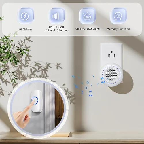 Miniatura 2 de Timbre inalámbrico, kit de timbre PHYSEN con 1 transmisor, 1 receptor, resistente al agua, funciona a 1000 pies, 32 tonos de timbre, 4 niveles