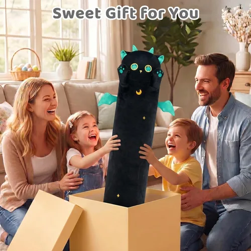 Miniatura 7 de Mewaii Peluche de gato largo, 5 tamaños, 120% relleno extra, almohada gigante para el cuerpo de los niños, lindo peluche Kawaii de ojos grandes