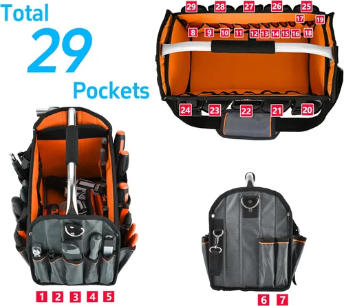 Miniatura 5 de Bolsa de herramientas de 16 pulgadas con parte superior abierta, tela gruesa de 1680D, bolsa de herramientas plegable con 29 bolsillos con asa