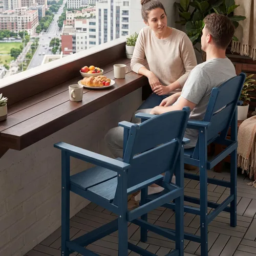 Miniatura 6 de Paquete de 2 taburetes de bar para exteriores, sillas de bar de patio de polietileno de alta densidad con reposabrazos y reposapiés, resistentes a