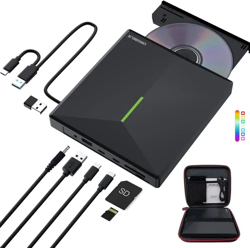 Miniatura 16 de ORIGBELIE Unidad externa de CD y DVD, grabadora de CD USB 3.0 con 2 puertos USB y 2 ranuras para tarjetas TF/SD, unidad de disco óptico