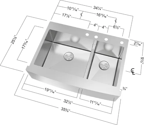 Miniatura 9 de Transolid DTDOF362510 Diamond - Fregadero de cocina de acero inoxidable calibre 16 con doble orificio de montaje doble 60/40, 36 x 25 x 10 pulgadas