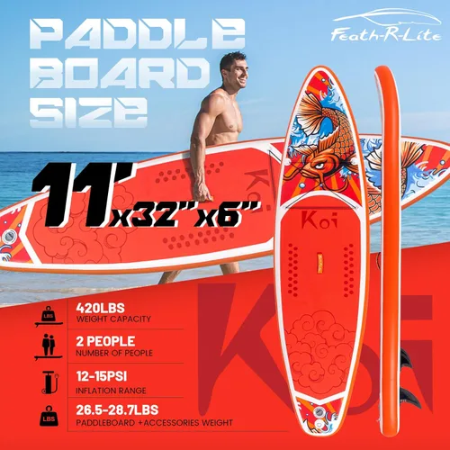 Miniatura 2 de FEATH-R-LITE Tabla de remo inflable para adultos SUP con bomba de accesorios premium, pala ajustable, correa, tres aletas, mochila