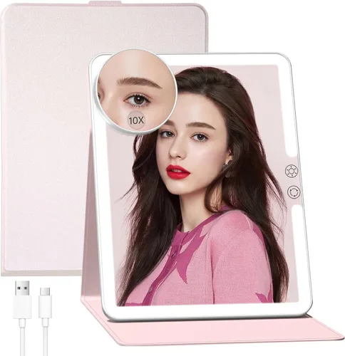 Miniatura 9 de FUNTOUCH Espejo de maquillaje de viaje grande portátil de 10 x 7.5 pulgadas con luz, 2500 mAh recargable iluminado espejo de maquillaje de viaje