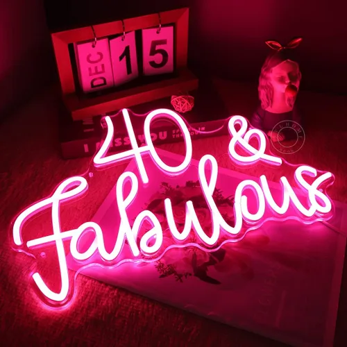 Miniatura 3 de SYLHOME Letrero de luz de neón LED rosa de 40 y fabuloso, letrero de decoración de pared para fiesta de cumpleaños de cuarenta años, letrero