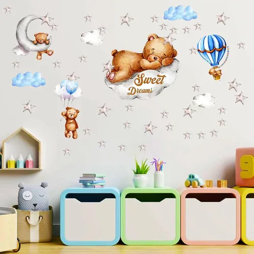 Miniatura 4 de Decoración de Pared de Oso Teddy con Luna y Estrellas - Adhesivos de Oso Dormido para Pared, Decoración para Habitación de Bebé y Guardería