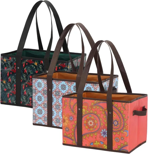 Miniatura 2 de Foraineam Juego de bolsas reutilizables para comestibles, bolsas de compras plegables y resistentes con fondo reforzado Multicolor / paquete de 3