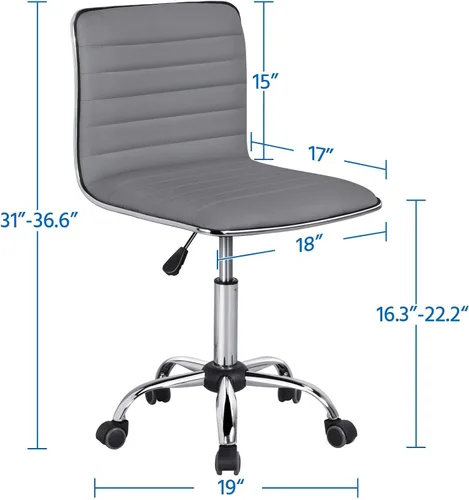 Miniatura 5 de Yaheetech Silla de oficina moderna de piel sintética sin brazos, 2 piezas, ajustable, con respaldo bajo, giratoria, ruedas rodantes, color gris