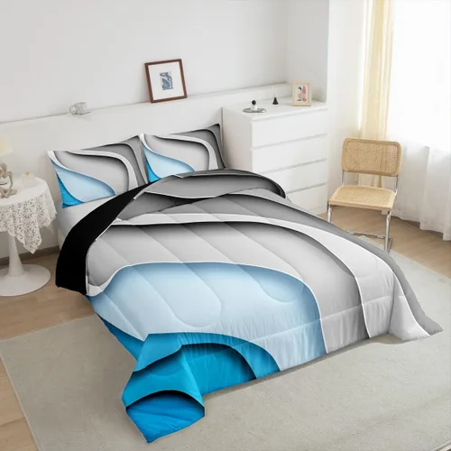 Miniatura 4 de Erosebridal Juego de edredón a rayas azules, juego de ropa de cama tamaño King, juego de ropa de cama moderno minimalista y colecciones con temática