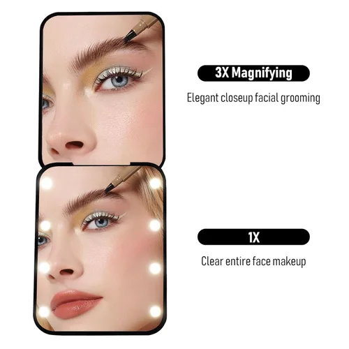 Miniatura 2 de Espejo compacto, espejo de bolsillo LED con aumento 1x/3x, pequeño espejo de maquillaje de viaje iluminado para bolso, bolso, plegable, de mano