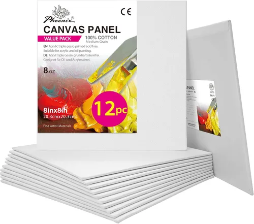 PHOENIX - Juego de 12 paneles de lienzo de algodón con triple imprimación para pintura al óleo y acrílica Blanco