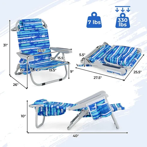 Miniatura 3 de Giantex Silla de playa tipo mochila, silla de camping plegable con 5 posiciones ajustables, soporte para tazas, bolsillos de almacenamiento