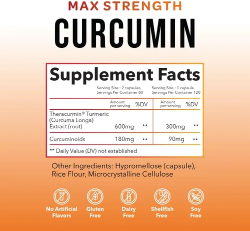 Miniatura 2 de Suplemento de Cúrcuma Curcumina Theracurmin, 120 unidades, cúrcuma y curcumina de alta absorción, suplemento articular para hombres y mujeres, 42.6X