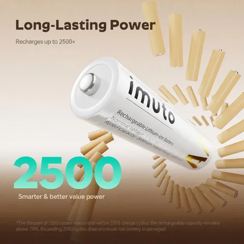 Miniatura 4 de imuto Baterías recargables AA, baterías de litio de 3600 mWh AA, paquete de 4, salida de 1.5 V 2 A, doble batería, vida útil de más de 1600 ciclos