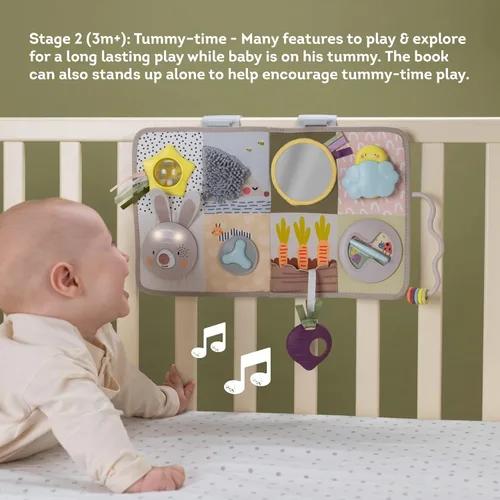 Miniatura 5 de Taf Toys Tablero de actividades para recién nacidos y niños pequeños con música y luces, 13 actividades Montessori, espejo seguro para bebés