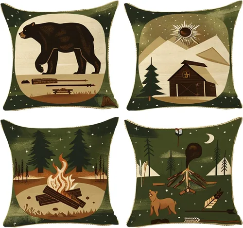 Best Gifts - Juego de 4 fundas de almohada con diseño de oso aventuras, montañas, flechas, fogatas, árboles, bosques, campamentos, viajes, funda de