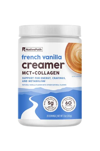 NativePath French Vanilla Keto Coffee Creamer, 20 porciones, aceite en polvo de colágeno y MCT, sin azúcar, sin lácteos, alimentado con pasto,
