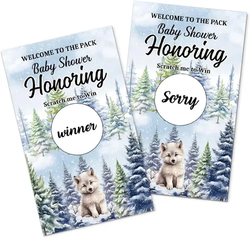 Juego divertido de 50 piezas de Welcome To The Pack, tarjeta de rascar de lobo de nieve para baby shower, suministros de fiesta de cumpleaños con