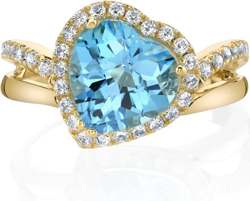 Miniatura 2 de Peora Anillo de corazón inclinado con topacio azul suizo para mujer, oro amarillo de 14 quilates, piedra preciosa auténtica, forma de corazón de 3
