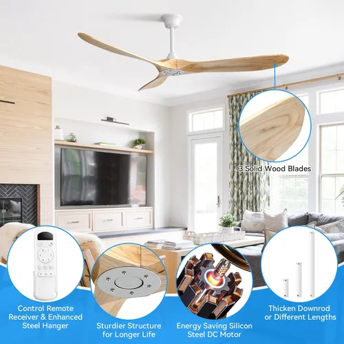 Miniatura 7 de Sofucor Ventiladores de Techo de 60 Pulgadas Sin Luz - Ventilador de Techo para Exteriores con Control Remoto, Motor DC Reversible de 3 Aspas