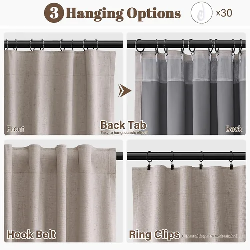 Miniatura 2 de Guken Cortinas opacas de lino, 2 paneles rústicos, elegantes, 100% opacas, con aislamiento térmico, banda de ganchos y trabilla trasera, 52 x 84