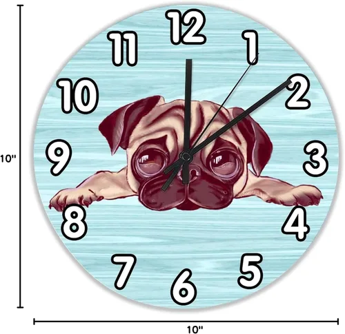 Miniatura 2 de Reloj de pared de perro Pug, reloj de madera para amantes de los perros, 10 silenciosos, sin tictac, de cuarzo, funciona con pilas, para sala
