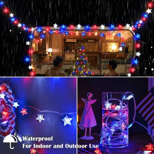 Miniatura 5 de Luces decorativas del 4 de julio, color rojo, blanco y azul, funciona con pilas, 50 LED, cadena patriótica de estrellas de 20 pies, 8 modos