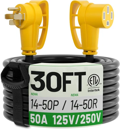 POWGRN NEMA 14-50P a NEMA 14-50R Cable de extensión de alimentación de 50 amperios para RV/EV de 30 pies al aire libre con mango de agarre, cable de