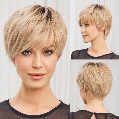 Miniatura 13 de HAIRCUBE Pelucas rubias de corte Pixie para mujer, estilo ondulado natural, peluca de encaje sintético resistente al calor con parte superior