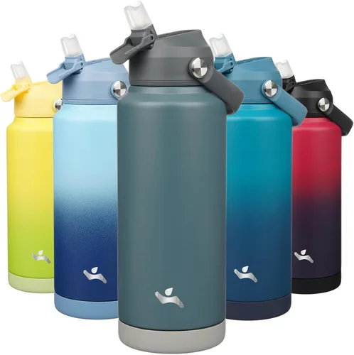 Miniatura 12 de Konokyo Botella de agua aislada con tapa de pajilla, botella de metal al vacío de acero inoxidable de 18 onzas con mango de silicona, color negro