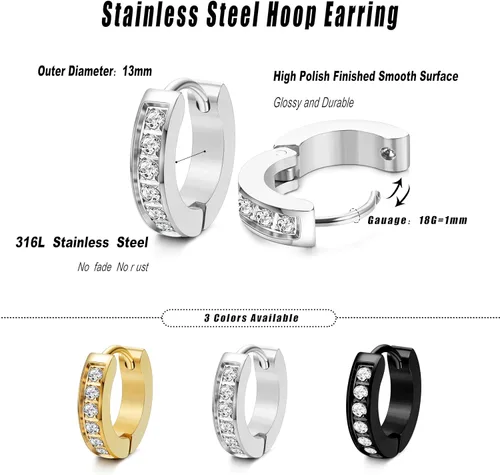 Miniatura 2 de FIBO STEEL 13MM 20MM Stainless Steel Small Hoop Earrings for Men Women Huggie Earrings CZ Inlaid