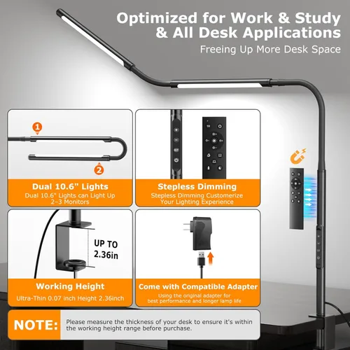 Miniatura 5 de Lámpara LED de escritorio para oficina en casa, luz para escritorio con cuello de ganso ajustable, lámpara de escritorio para monitor de doble Negro