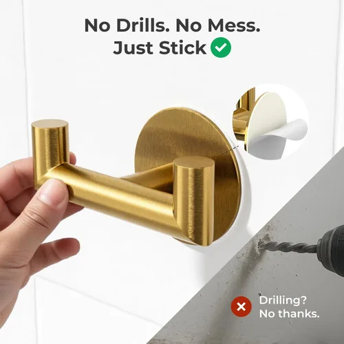 Miniatura 4 de GWAAZXGZ Paquete de 2 ganchos de baño dorados cepillados para toallas, ganchos dobles autoadhesivos para pared, sin taladrar, acero inoxidable 304